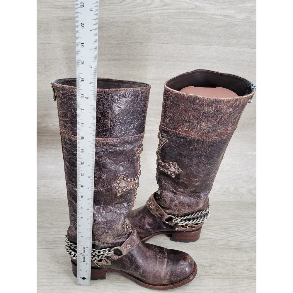 Vintage SENDRA Knee High Western Leather Belted With Big Cross Boots 9.5